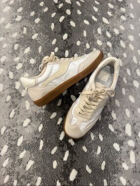 Dolce Vita Cream White and Brown Suede-Trim Sneakers